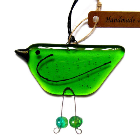 Bright Green - Fused Glass Hanging Bird