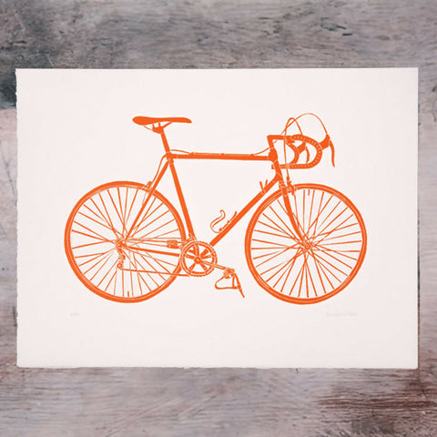 Steel Framed Racing Bicycle Lino Print in Orange