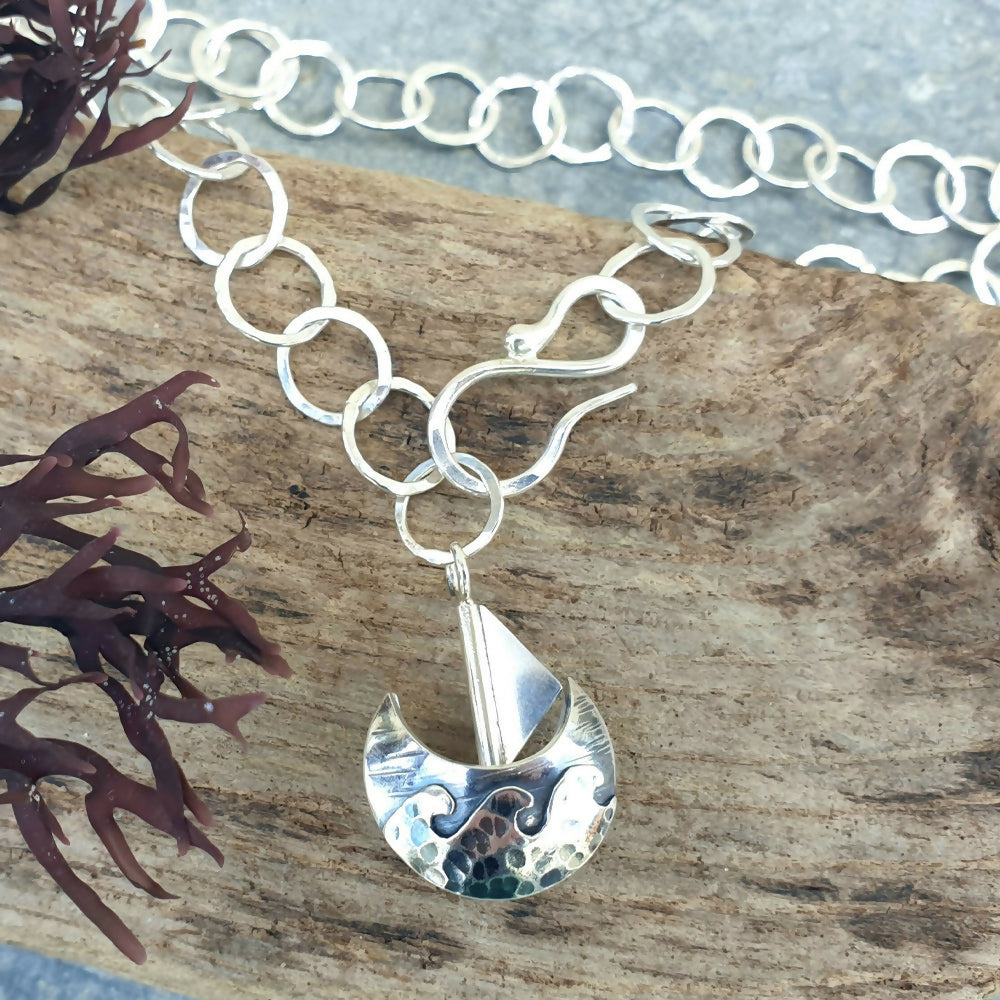 Sailing Boat Pendant with Handmade Chain - Hallmarked