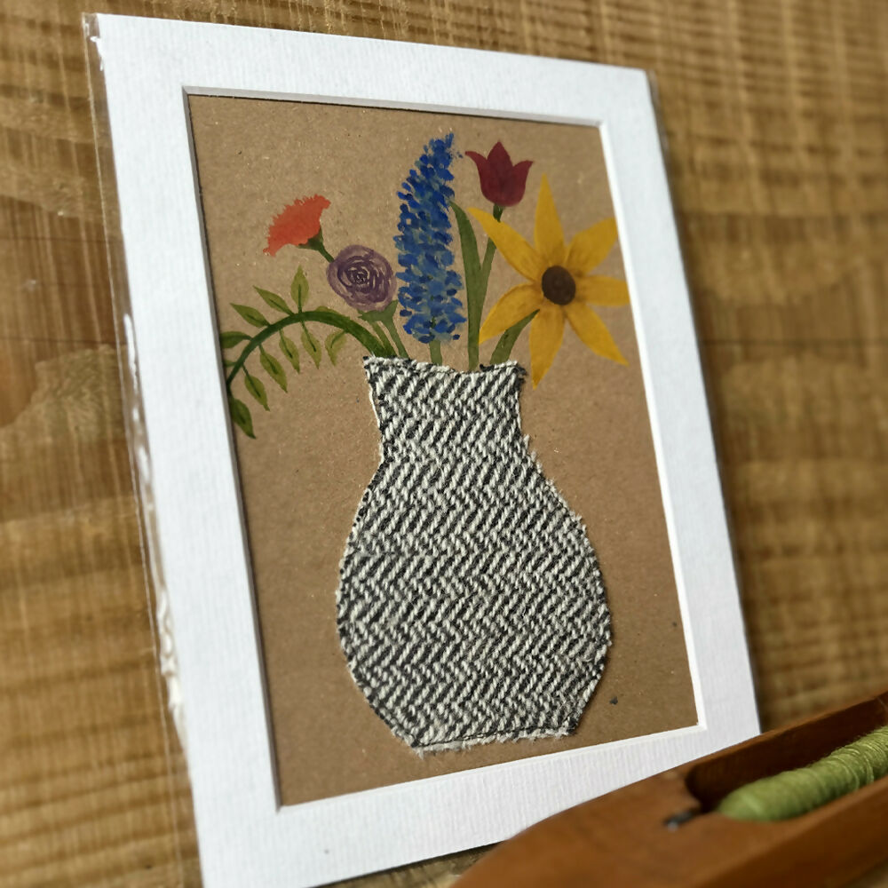 Black & White Herringbone Vase of Flowers - Mounted Original Artwork with British Wool Fabric Remnants and Watercolour Details