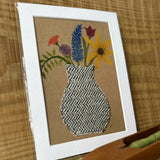 Black & White Herringbone Vase of Flowers - Mounted Original Artwork with British Wool Fabric Remnants and Watercolour Details