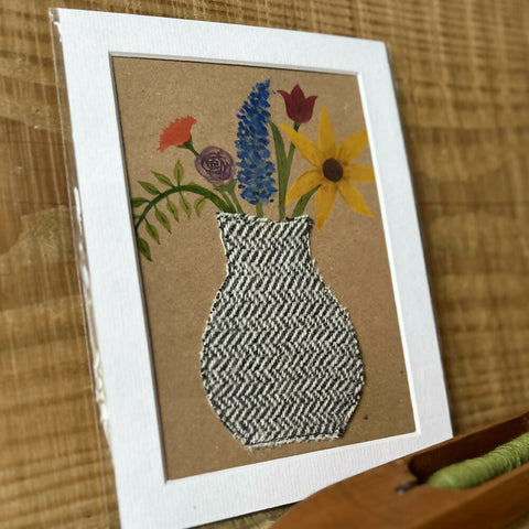 Black & White Herringbone Vase of Flowers - Mounted Original Artwork with British Wool Fabric Remnants and Watercolour Details