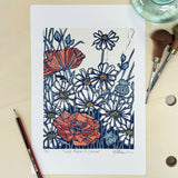 Wild Poppies and Daisies - Reduction Linocut
