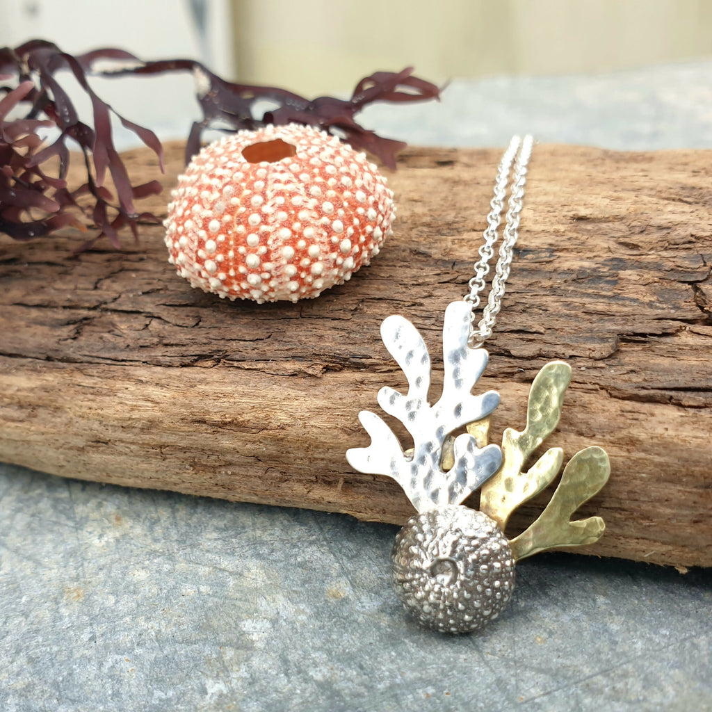 Silver and Brass Sea Urchin and Seaweed Pendant