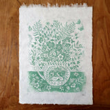 Wild Flowers in a Jug - Blue Green- Linocut Print