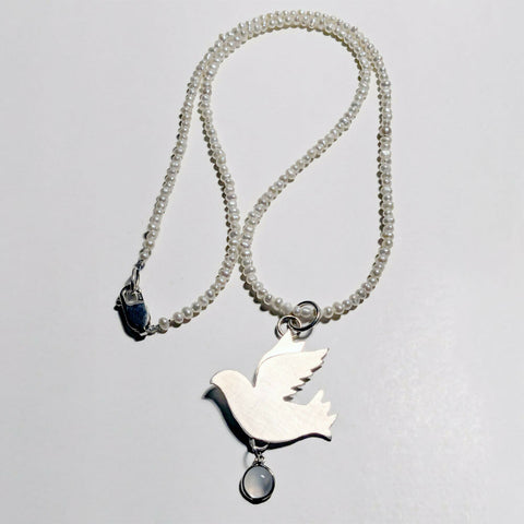 Pearl Necklace with Dove and Moonstone Pendant