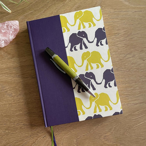 A5 Handbound Lined Journal - Purple with elephant print