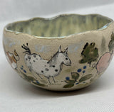 Handmade Stoneware Illustrated Bowl - Chickens, Cow Horse and Pigs