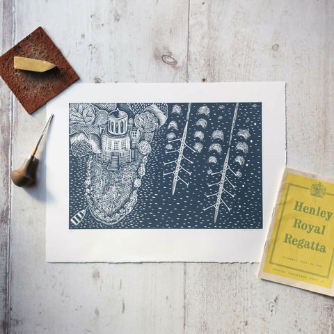 Rowing Pass Temple Island, Henley on Thames Lino Print