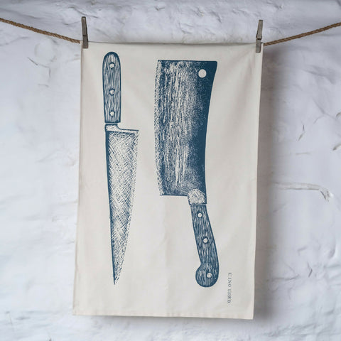 Organic Cotton Tea Towel with Knife & Cleaver Lino Print
