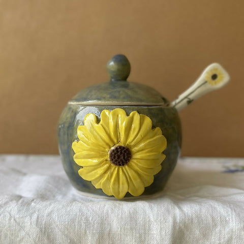 Handmade Ceramic Sunflower Bowl with Lid and Spoon