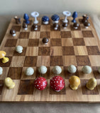 Handmade Ceramic Mushroom Chess Set with Solid Elm Wood Board