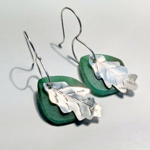 Handmade Oak Leaf Earrings - Sterling Silver with Chrysoprase