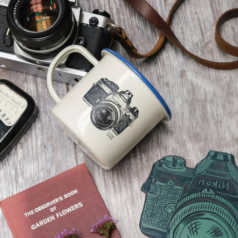 Cream Enamel Mug with Camera Design