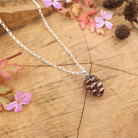 Pink Bronze Pinecone Necklace - Handmade with Sterling Silver Chain
