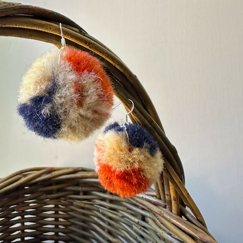 Navy, Orange & Cream British Wool Pom-pom Earrings