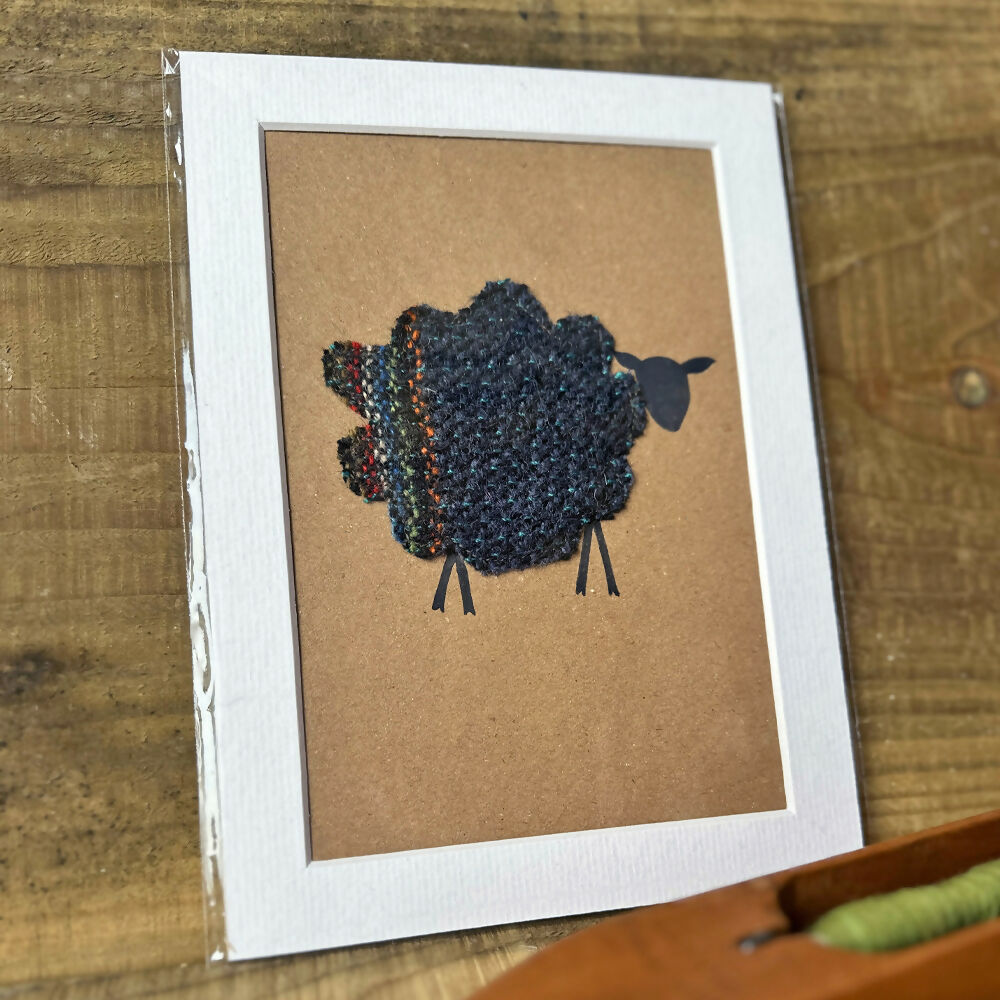Striped Blue British Wool Fabric Sheep - Mounted Original Artwork with Handwoven Fabric and Hand Painted Watercolour