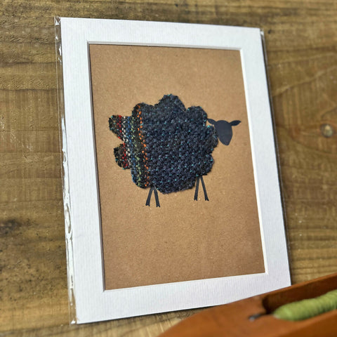 Striped Blue British Wool Fabric Sheep - Mounted Original Artwork with Handwoven Fabric and Hand Painted Watercolour