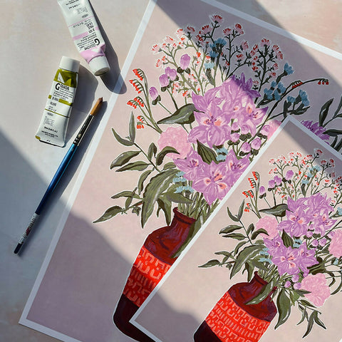 Pink January Flowers in Vase Fine Art Print - A4 or A3 Size
