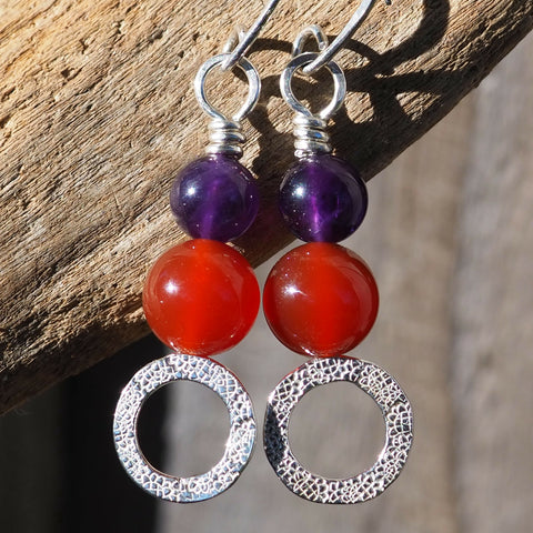 Carnelian and Amethyst Dangle Hoop Earrings