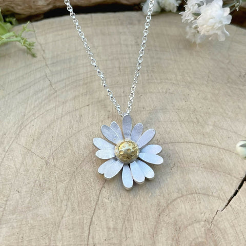 Handmade Gold & Silver Daisy Necklace - Silver Chain