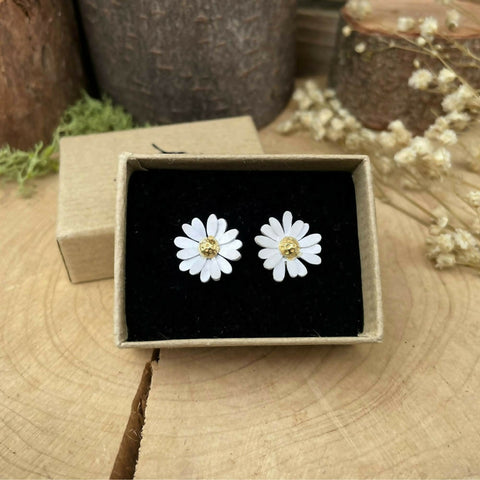 Large Gold & Silver Daisy Studs - Handcrafted from Sterling Silver and 24ct Yellow Gold Accent