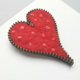 Hand Felted Large Heart Brooch with French Knots and Zip Edge Detail