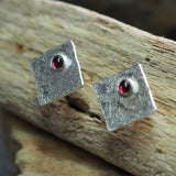 Square Silver and Garnet Stud Earrings
