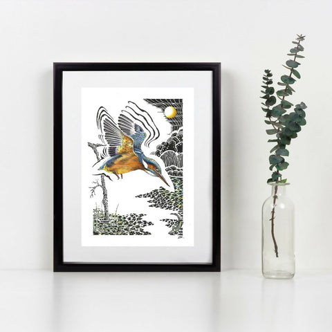 Diving Kingfisher Print - Hand Drawn Ink Line and Crayon