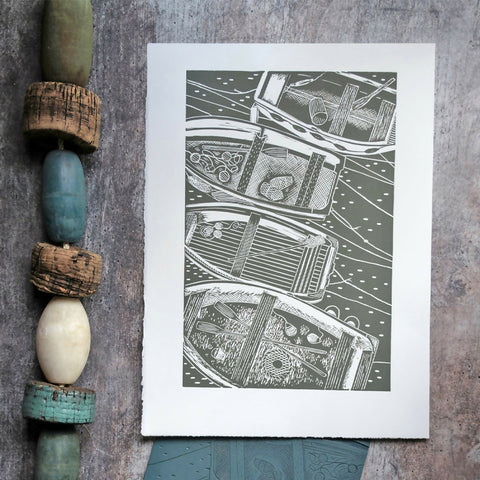 Four Rowing Boats From Above in Wild Green, St Ives, Cornwall Lino Print