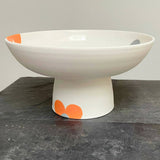 Big Blossom Pedestal Bowl - Handmade Painted Porcelain - HOT ORANGE WITH GREY