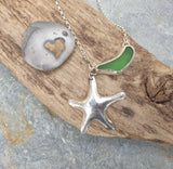 Silver Starfish and Seaglass Pendant - Hallmarked