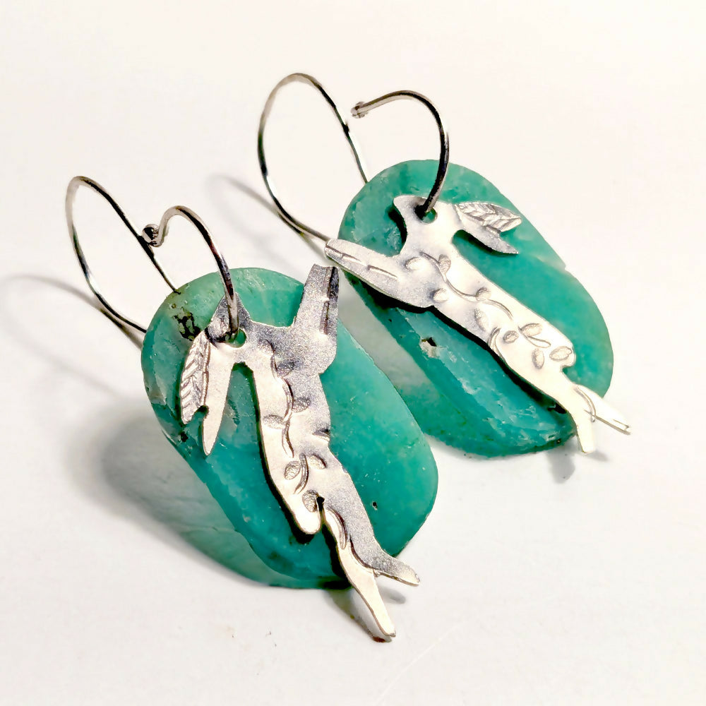 Boxing Hares Earrings - Sterling Silver and Chrysoprase