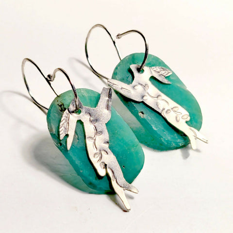 Boxing Hares Earrings - Sterling Silver and Chrysoprase