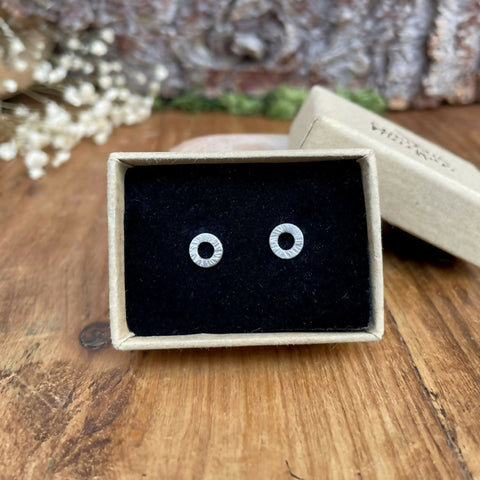 Sterling Silver Tree Bark Circle Stud Earrings - Handmade