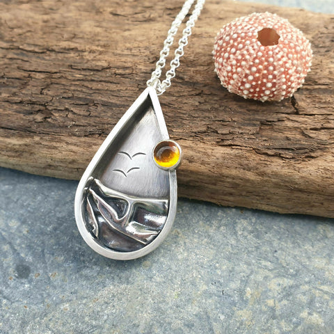 Sterling Silver Teardrop Beach Scene Pendant With Amber