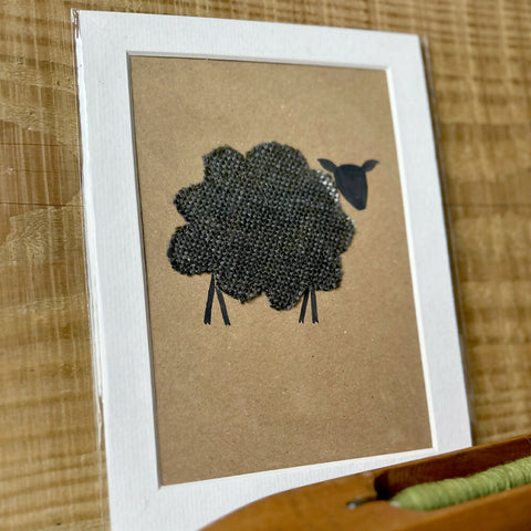 Blue Grey British Wool Fabric Sheep - Mounted Original Artwork with Handwoven Fabric and Hand Painted Watercolour