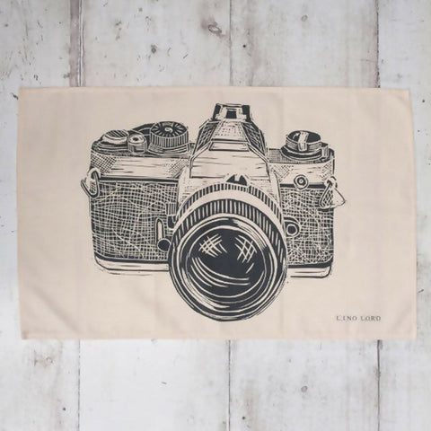Cotton Tea Towel with Camera Lino Print