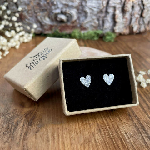 Silver Tree Bark Heart Stud Earrings