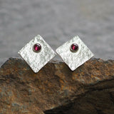 Square Silver and Garnet Stud Earrings