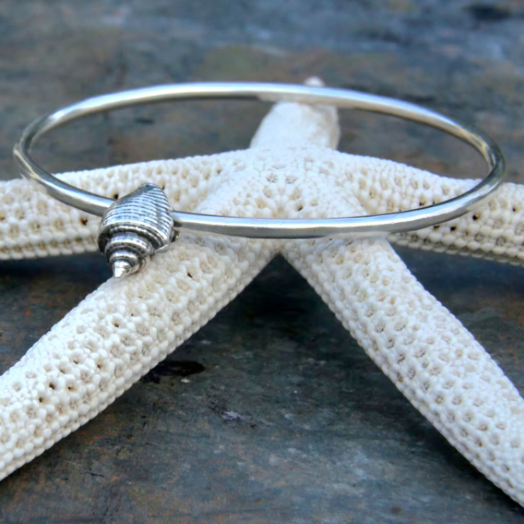 Sterling Silver Bangle With Seashell Charm - Hallmarked