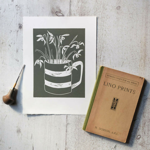 Snowdrops in Cornishware Wild Green Lino Print