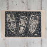 Cotton Tea Towel with Three Rowing Boats from Above Lino Print