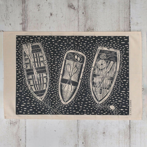 Cotton Tea Towel with Three Rowing Boats from Above Lino Print