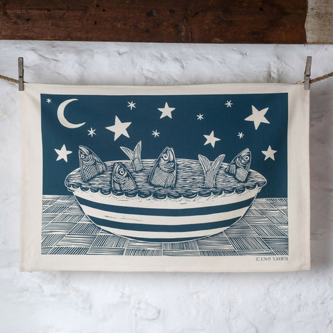 Organic Cotton Tea Towel with Stargazy Pie Lino Print