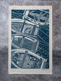 Organic Cotton Tea Towel with Four Boats Lino Print