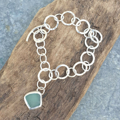 Sterling Silver Chain Bracelet with Seaglass Charm - Hallmarked