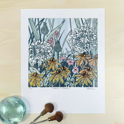 Rudbeckia and Agapanthus - Reduction Linoprint