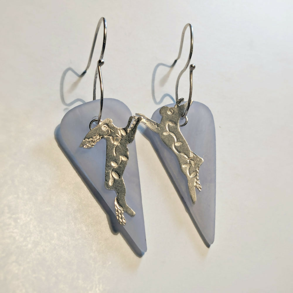 Handmade Boxing Hares Earrings - Sterling Silver with Blue Lace Agate