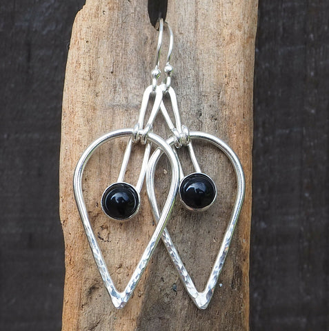 Silver and Black Onyx Tear Drop Dangle Earrings